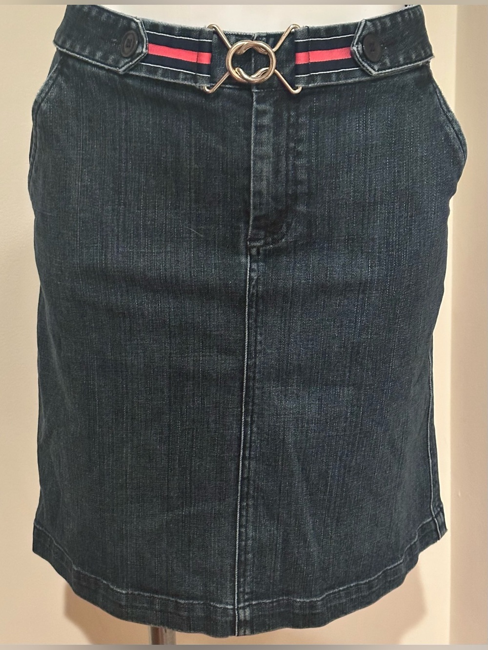 Talbots Stretch Dark Blue Denim Jeans Skirt with Navy-Pink Hook Belt Trim Sz 4